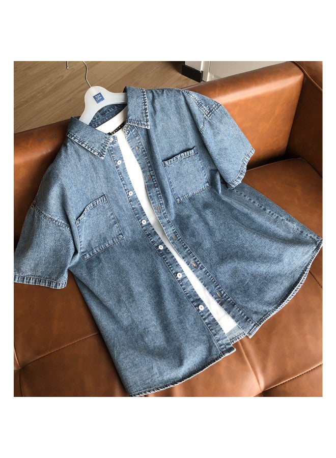 TonLion Men's Denim Short Sleeve Shirt 2025 Spring/summer Casual Fashion Versatile Shirt - Image 5