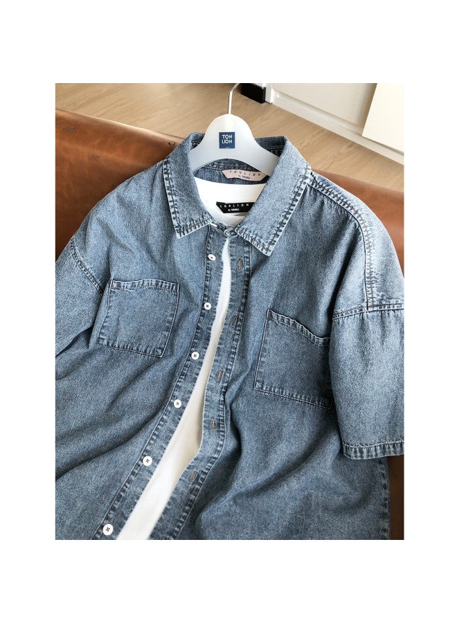 TonLion Men's Denim Short Sleeve Shirt 2025 Spring/summer Casual Fashion Versatile Shirt - Image 2