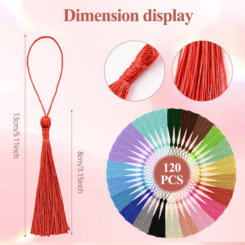 NACHLYNN 120 Pcs Bookmark Tassels Bulk 13cm/5 Inch Silky Handmade Soft Craft Mini Tassels for Jewelry Keychain Making with Loops for Dress Decoration DIY Craft Accessory (20 Colors) - Image 2
