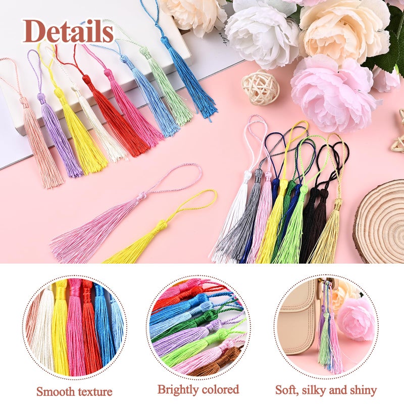 NACHLYNN 120 Pcs Bookmark Tassels Bulk 13cm/5 Inch Silky Handmade Soft Craft Mini Tassels for Jewelry Keychain Making with Loops for Dress Decoration DIY Craft Accessory (20 Colors) - Image 4