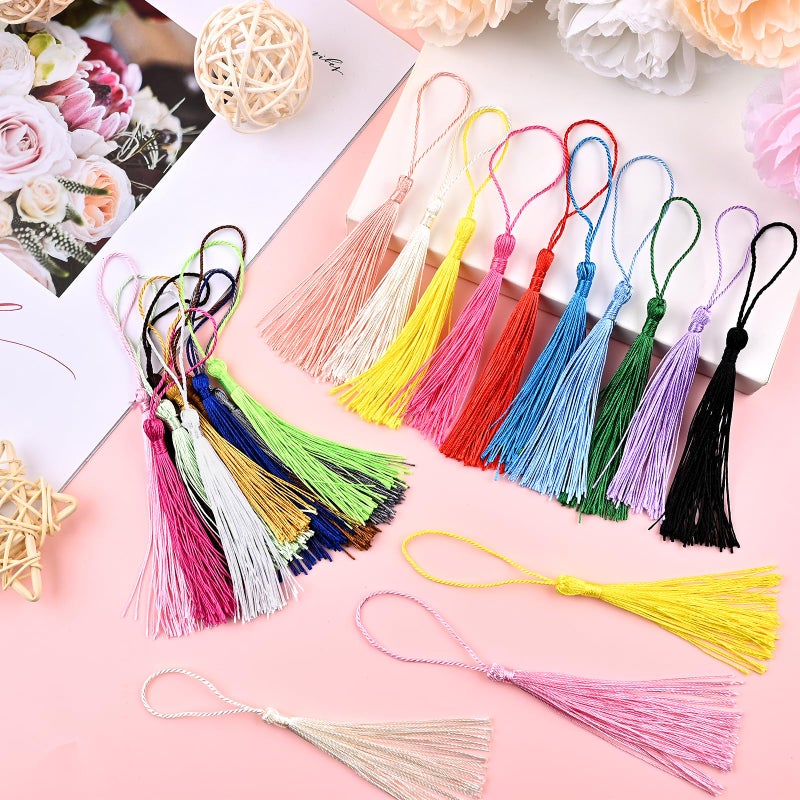 NACHLYNN 120 Pcs Bookmark Tassels Bulk 13cm/5 Inch Silky Handmade Soft Craft Mini Tassels for Jewelry Keychain Making with Loops for Dress Decoration DIY Craft Accessory (20 Colors) - Image 3