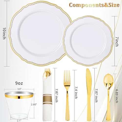 Hioasis 350pcs White and Gold Plastic Plates - Gold Plastic Dinnerware Set Includes 50 Dinner Plates, 50 Dessert Dinnerware, 50 Cups, 50 Rolled Napkin Cutlery Perfect for Wedding & Party - Image 3