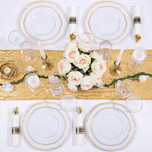 Hioasis 350pcs White and Gold Plastic Plates - Gold Plastic Dinnerware Set Includes 50 Dinner Plates, 50 Dessert Dinnerware, 50 Cups, 50 Rolled Napkin Cutlery Perfect for Wedding & Party - Image 4