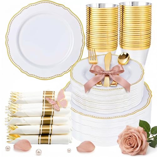 Hioasis 350pcs White and Gold Plastic Plates - Gold Plastic Dinnerware Set Includes 50 Dinner Plates, 50 Dessert Dinnerware, 50 Cups, 50 Rolled Napkin Cutlery Perfect for Wedding & Party - Image 1