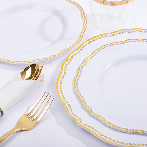 Hioasis 350pcs White and Gold Plastic Plates - Gold Plastic Dinnerware Set Includes 50 Dinner Plates, 50 Dessert Dinnerware, 50 Cups, 50 Rolled Napkin Cutlery Perfect for Wedding & Party - Image 5