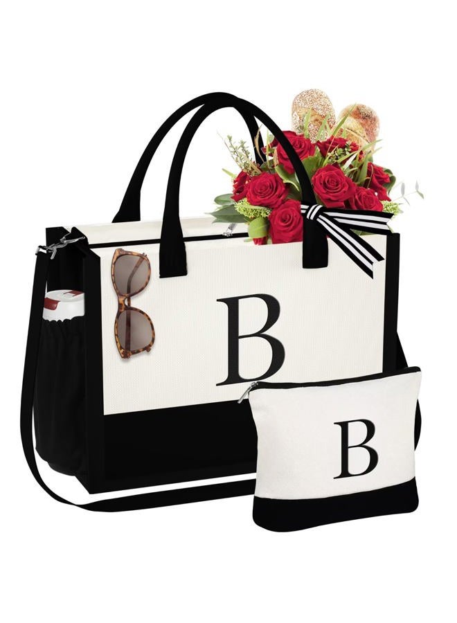 YOOLIFE Initial Canvas Beach Tote Bag and Makeup Bag with Zipper Adjustable Strap Mothers Day Birthday Gifts for Women Her, White - Image 1