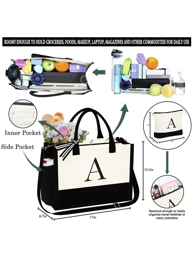 YOOLIFE Initial Canvas Beach Tote Bag and Makeup Bag with Zipper Adjustable Strap Mothers Day Birthday Gifts for Women Her, White - Image 4