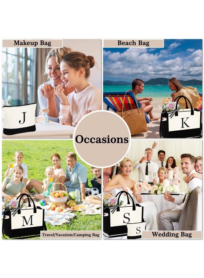 YOOLIFE Initial Canvas Beach Tote Bag and Makeup Bag with Zipper Adjustable Strap Mothers Day Birthday Gifts for Women Her, White - Image 2