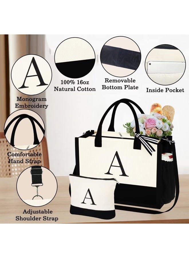 YOOLIFE Initial Canvas Beach Tote Bag and Makeup Bag with Zipper Adjustable Strap Mothers Day Birthday Gifts for Women Her, White - Image 5