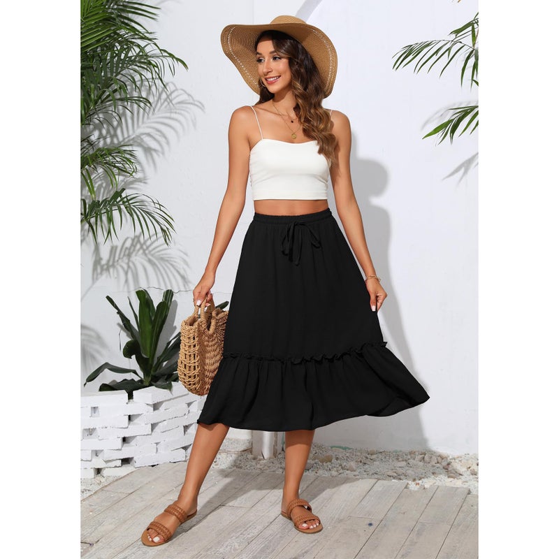 Witsmile High Waist Tiered Skirts for Women Flowy Skirts for Women Below Knee with Pockets 2026 Fashion Trendy(Black,L) - Image 5