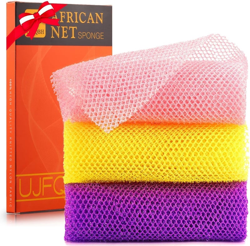 UJFQBH 3 Pieces African Bath Sponge African Net Long Net Bath Sponge Exfoliating Shower Body Scrubber Back Scrubber Skin SmootherGreat for Daily Use PinkYellowPurple