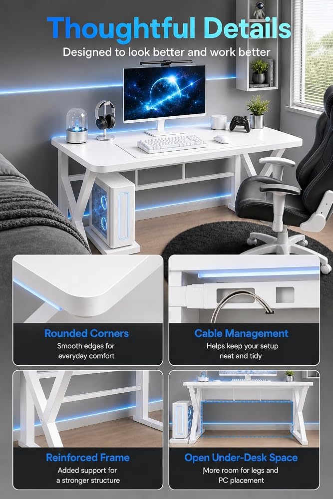 Bentifar Gaming Desk with CPU Stand,Computer Desk with Reinforced K-Frame,Spacious Desktop,Rounded Corners & Cable Management,Modern PC Desk Study Table for Home Office,Bedroom,Gaming Room - Image 2