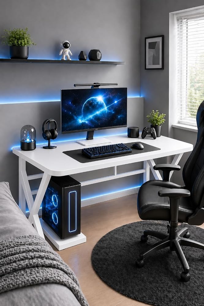 Bentifar Gaming Desk with CPU Stand,Computer Desk with Reinforced K-Frame,Spacious Desktop,Rounded Corners & Cable Management,Modern PC Desk Study Table for Home Office,Bedroom,Gaming Room - Image 1
