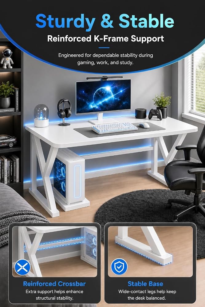 Bentifar Gaming Desk with CPU Stand,Computer Desk with Reinforced K-Frame,Spacious Desktop,Rounded Corners & Cable Management,Modern PC Desk Study Table for Home Office,Bedroom,Gaming Room - Image 3