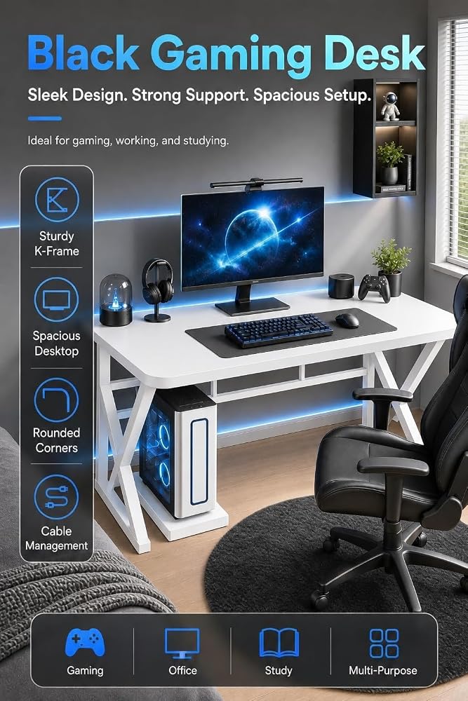 Bentifar Gaming Desk with CPU Stand,Computer Desk with Reinforced K-Frame,Spacious Desktop,Rounded Corners & Cable Management,Modern PC Desk Study Table for Home Office,Bedroom,Gaming Room - Image 4