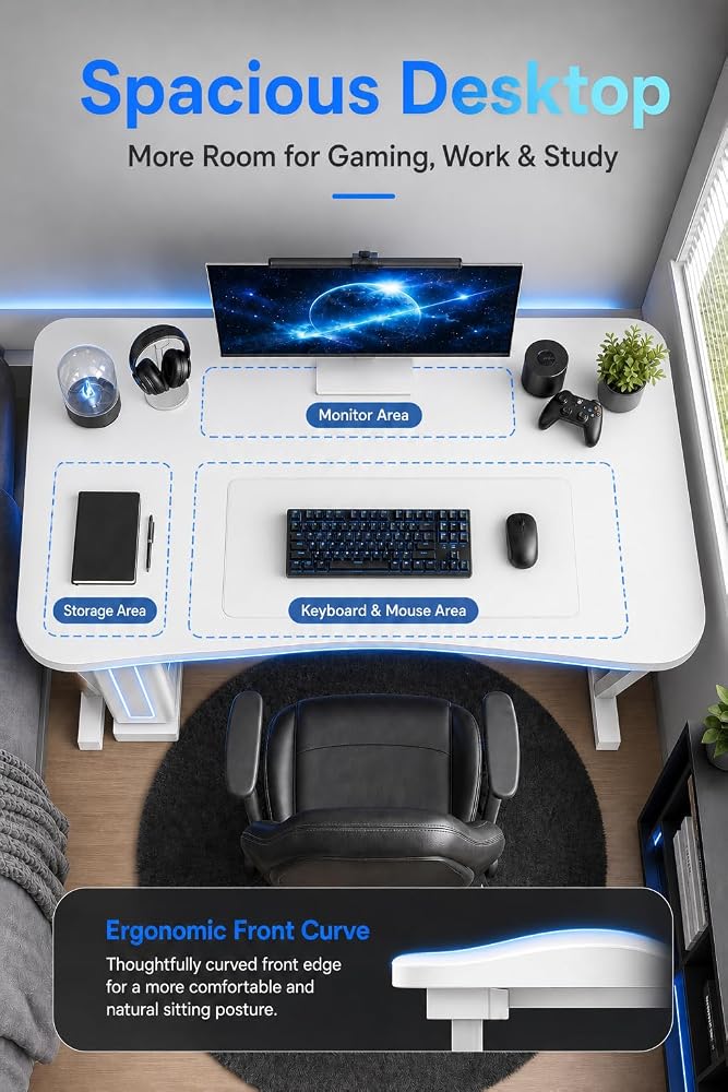 Bentifar Gaming Desk with CPU Stand,Computer Desk with Reinforced K-Frame,Spacious Desktop,Rounded Corners & Cable Management,Modern PC Desk Study Table for Home Office,Bedroom,Gaming Room - Image 5