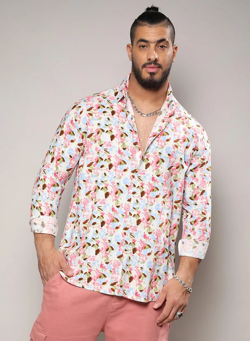 انستافاب بلس قميص رجالي قطني مزدوج بنقوش أوراق زرقاء ووردية بياقة عادية وأكمام طويلة وفتحة أزرار ومقاس مريح للارتداء اليومي