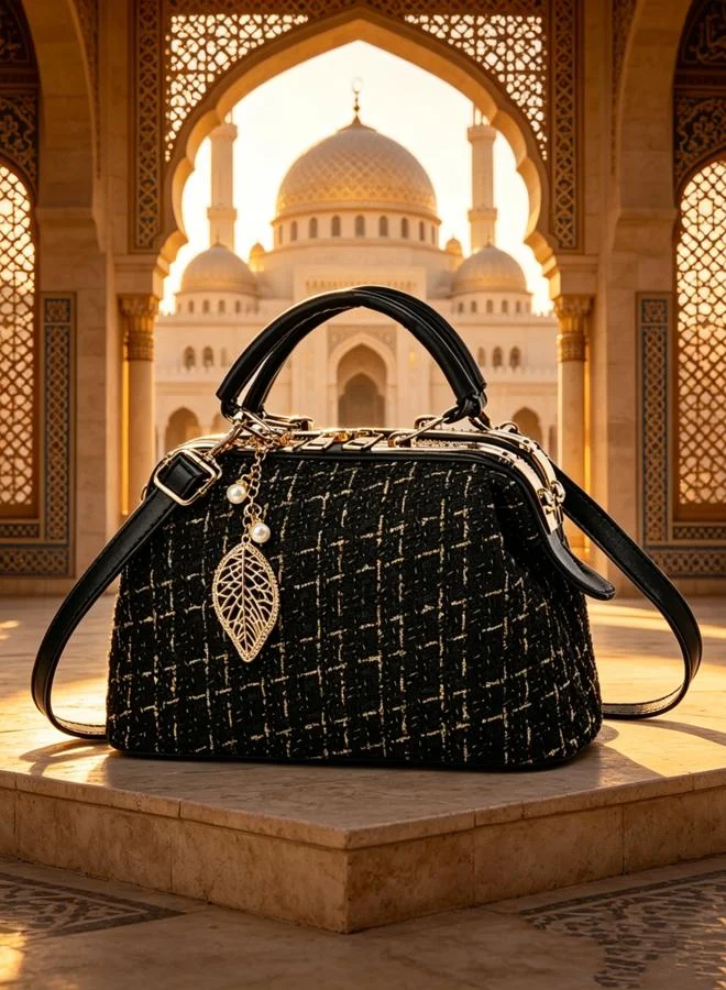 Take Two Black Tweed Shoulder Bag with Leaf Charm
