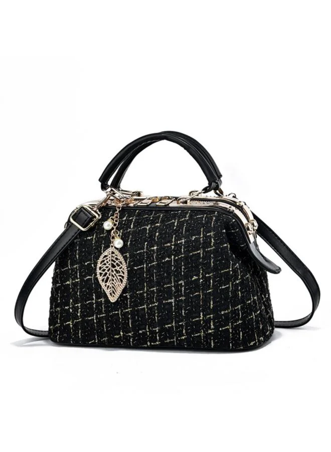 Take Two Black Tweed Shoulder Bag with Leaf Charm