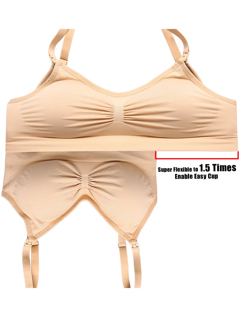 HOFISH Women's Seamless Nursing Maternity Bra Push Up Comfort Sleep Bralette 3PCS/Pack,Beige L - Image 3