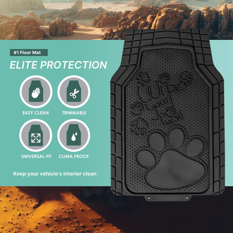 FH Group Car Floor Mats - Adorable Paw Print, Heavy-Duty Rubber Mats, Universal Fit Full Set, Climaproof, Trimmable, Fit Most Sedan, SUV, Truck - Black - Image 2