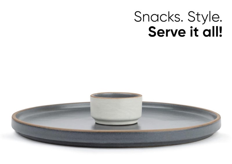 Shay Large Round Ceramic Serving Platter Grey 1 Platter 1 Dip Modern Series Big Serving Plate Set Matte Finish Platters Serving Set Ceramic Platter Japandi Platter Grey - Image 2