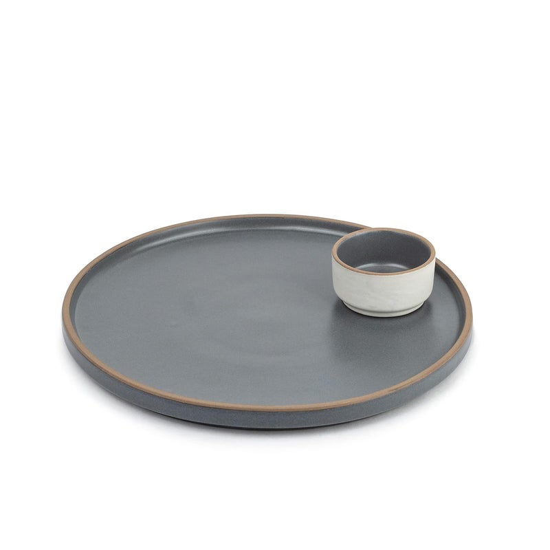 Shay Large Round Ceramic Serving Platter Grey 1 Platter 1 Dip Modern Series Big Serving Plate Set Matte Finish Platters Serving Set Ceramic Platter Japandi Platter Grey - Image 1