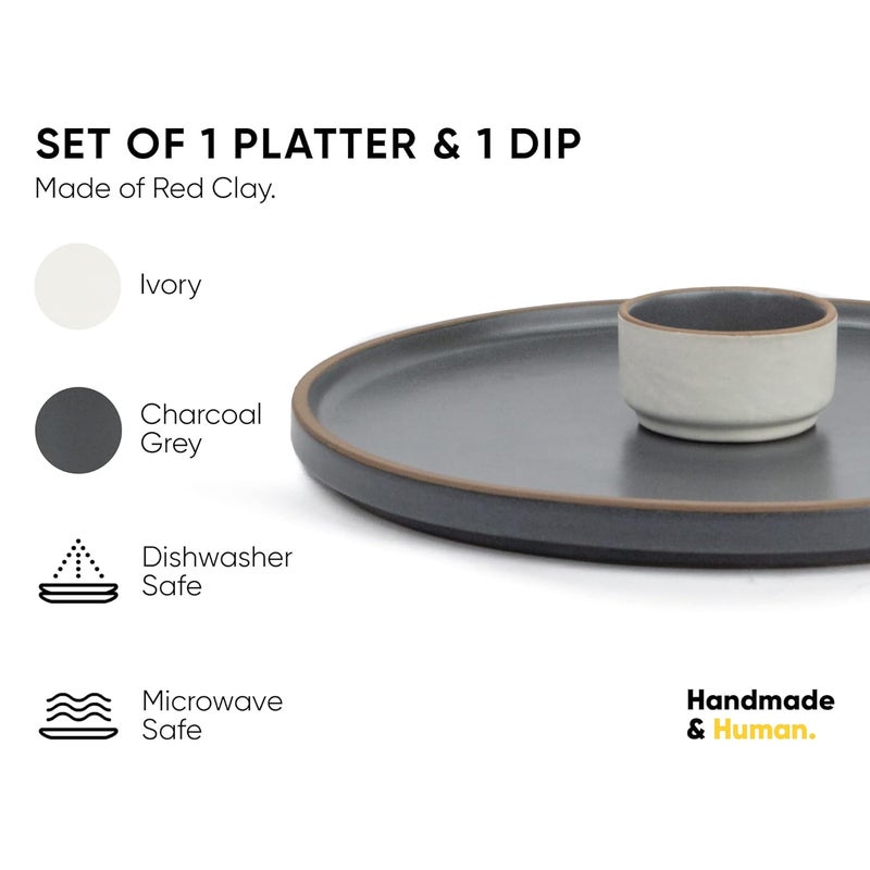 Shay Large Round Ceramic Serving Platter Grey 1 Platter 1 Dip Modern Series Big Serving Plate Set Matte Finish Platters Serving Set Ceramic Platter Japandi Platter Grey - Image 3
