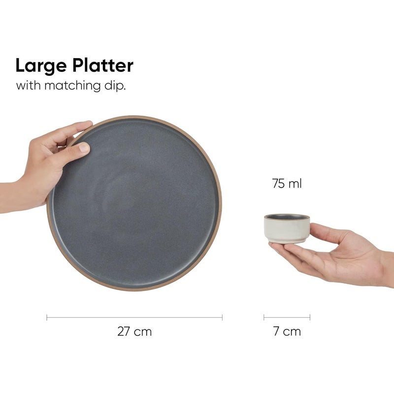 Shay Large Round Ceramic Serving Platter Grey 1 Platter 1 Dip Modern Series Big Serving Plate Set Matte Finish Platters Serving Set Ceramic Platter Japandi Platter Grey - Image 4
