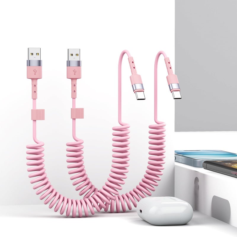 MTAKYI 2Pack CarPlay USB A to USB C Coiled Charge Cable for iPhone 15,Short Car/Uber Charging Cord Sync Data Retractable Charger for iPhone 15/16 Pro Max, Samsung, for Apple CarPlay & Android Auto-4Ft Pink - Image 1