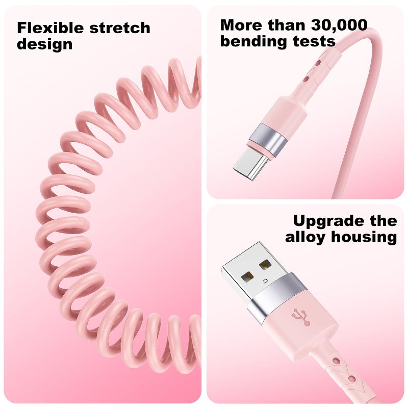 MTAKYI 2Pack CarPlay USB A to USB C Coiled Charge Cable for iPhone 15,Short Car/Uber Charging Cord Sync Data Retractable Charger for iPhone 15/16 Pro Max, Samsung, for Apple CarPlay & Android Auto-4Ft Pink - Image 5