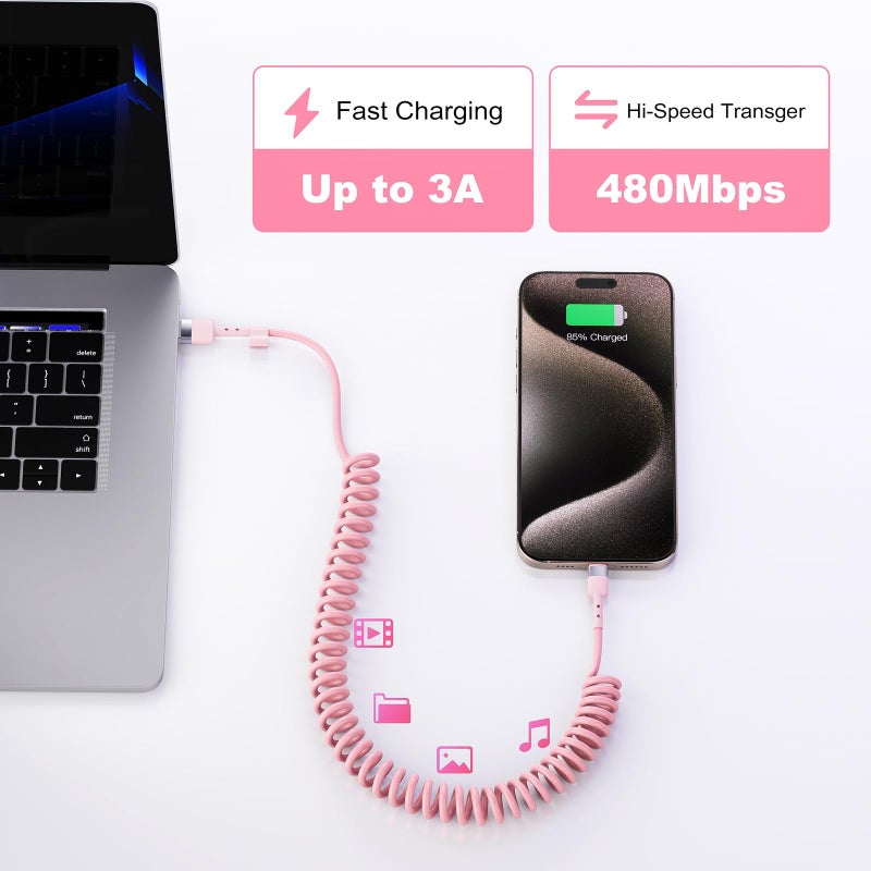 MTAKYI 2Pack CarPlay USB A to USB C Coiled Charge Cable for iPhone 15,Short Car/Uber Charging Cord Sync Data Retractable Charger for iPhone 15/16 Pro Max, Samsung, for Apple CarPlay & Android Auto-4Ft Pink - Image 4