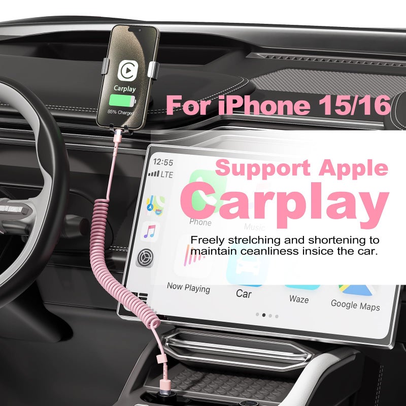 MTAKYI 2Pack CarPlay USB A to USB C Coiled Charge Cable for iPhone 15,Short Car/Uber Charging Cord Sync Data Retractable Charger for iPhone 15/16 Pro Max, Samsung, for Apple CarPlay & Android Auto-4Ft Pink - Image 2