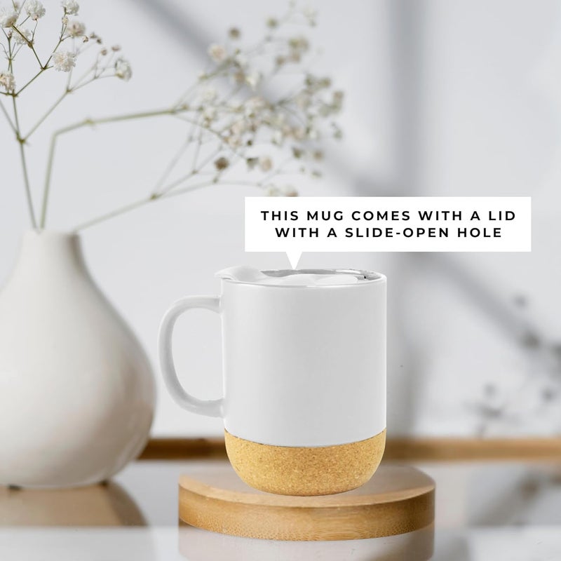 Giftmate Coffee Tea Mug with Lid | 320ml Ceramic Cork Bottom Mug for Hot & Cold Drinks | Coffee Mug with Lid for Office Home Travel | Ceramic Tea Cup White - Image 5