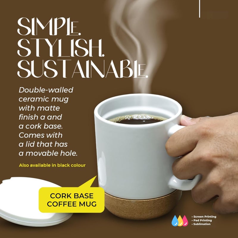 Giftmate Coffee Tea Mug with Lid | 320ml Ceramic Cork Bottom Mug for Hot & Cold Drinks | Coffee Mug with Lid for Office Home Travel | Ceramic Tea Cup White - Image 3