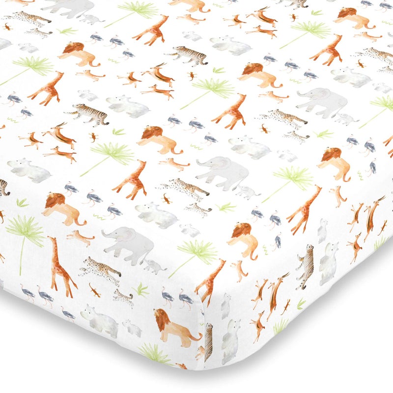 NoJo Watercolor Jungle Animals Crib Sheet - Mini Fitted Crib Sheet - Designed in The USA - 24" X 38" X 5", Orange, Grey, Light Blue - Image 1