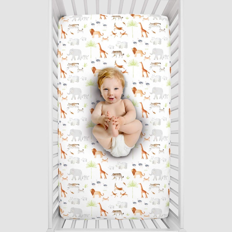 NoJo Watercolor Jungle Animals Crib Sheet - Mini Fitted Crib Sheet - Designed in The USA - 24" X 38" X 5", Orange, Grey, Light Blue - Image 2