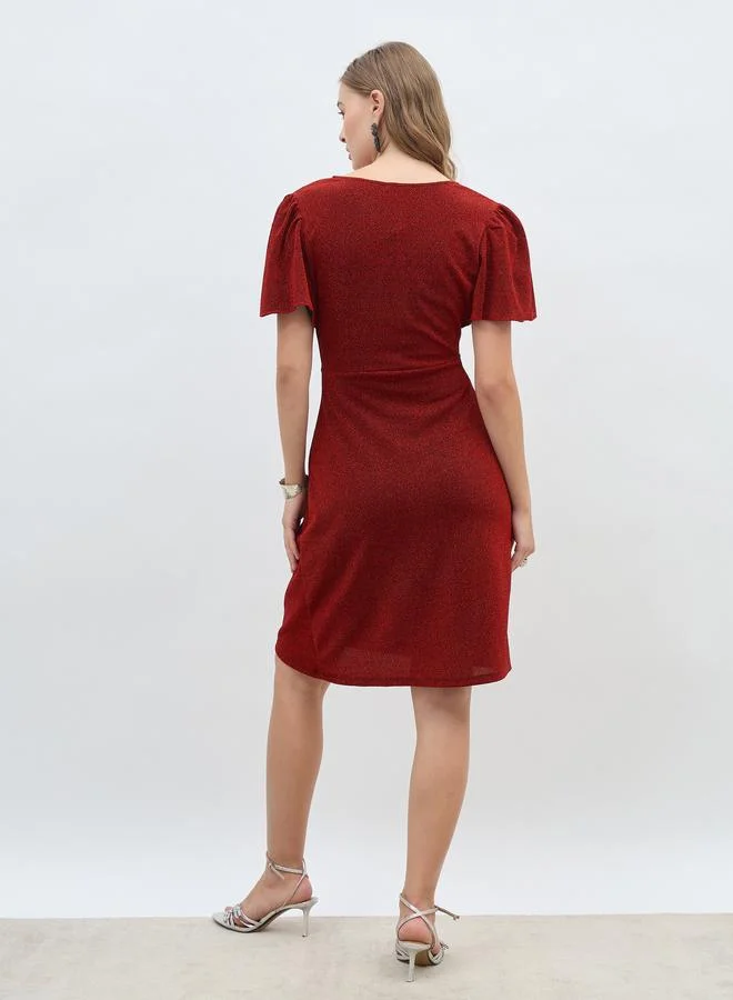 Styli Styli Women Red Shimmer Twist Front Sheath Knee Length Dress with Flared Sleeves