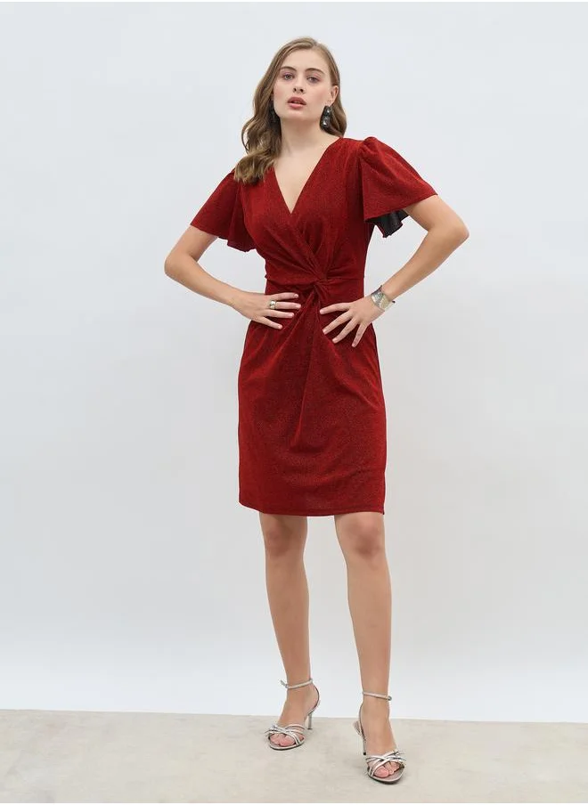 Styli Styli Women Red Shimmer Twist Front Sheath Knee Length Dress with Flared Sleeves