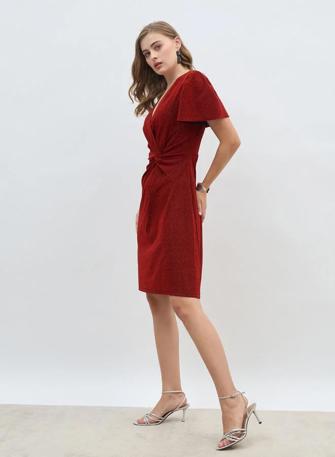Styli Styli Women Red Shimmer Twist Front Sheath Knee Length Dress with Flared Sleeves