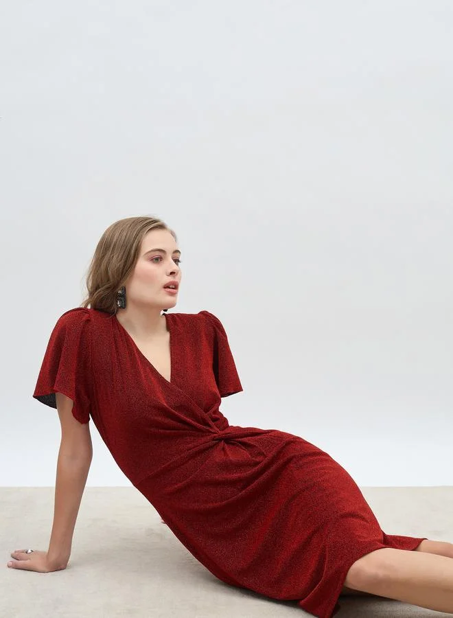 Styli Styli Women Red Shimmer Twist Front Sheath Knee Length Dress with Flared Sleeves