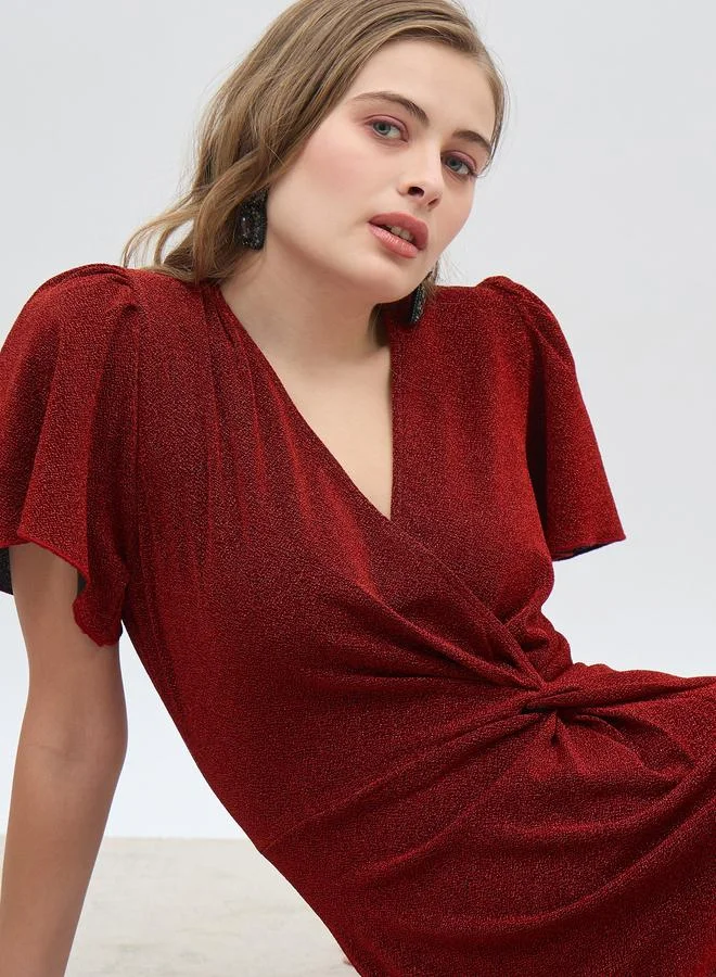 Styli Styli Women Red Shimmer Twist Front Sheath Knee Length Dress with Flared Sleeves