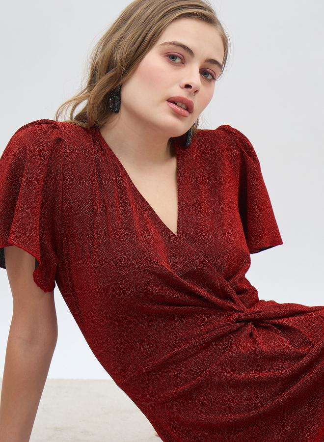 Styli Women Red Shimmer Twist Front Sheath Knee Length Dress with Flared Sleeves - Image 4