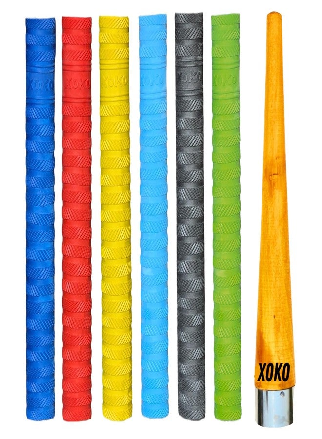 XOKO Premium Cricket Bat Handle Grip Set, Multicolor Anti-Slip Rubber Grips, Professional Sports Accessory Pack with 6 Grips and Wooden Cone - Image 1