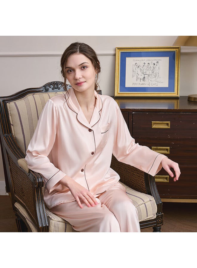 MEIBIAO American Standard 19mm Heavyweight 6a Grade Mulberry Silk Women's Pajamas Silk Long Sleeve Long Pants Loungewear Pink XL - Image 3