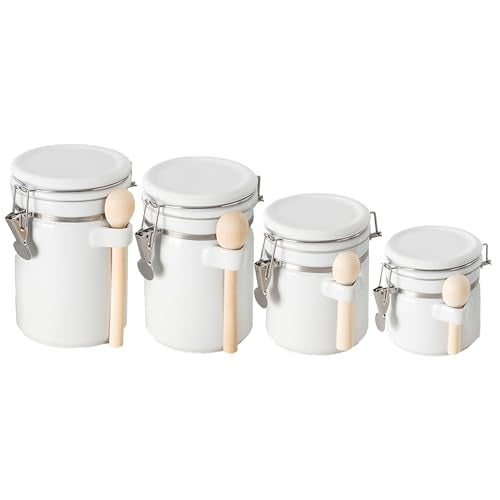 Home Basics Canister Sets For The Kitchen (4 Piece Set) White, High Gloss Ceramic | By Home Basics | Decorative| With Wooden Spoons, Countertop Set For Flour, Sugar, Coffee, and Snacks - Image 1