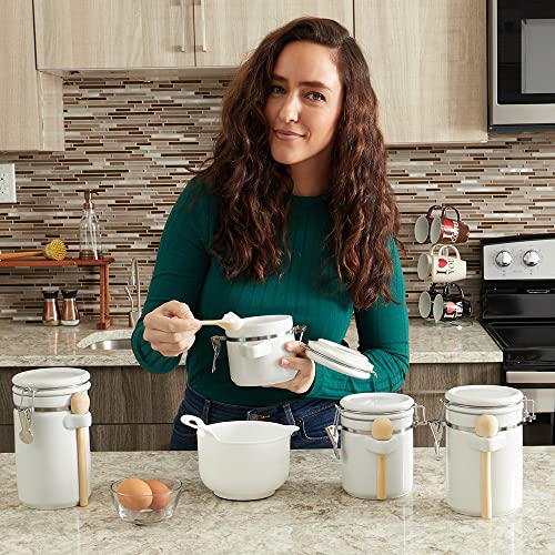 Home Basics Canister Sets For The Kitchen (4 Piece Set) White, High Gloss Ceramic | By Home Basics | Decorative| With Wooden Spoons, Countertop Set For Flour, Sugar, Coffee, and Snacks - Image 5
