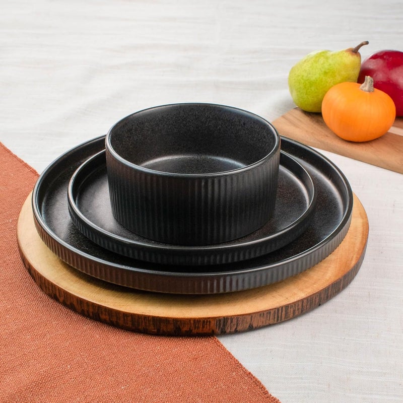 Sango Anderson Black 12Piece Stoneware Dinnerware Set  Service for 4 Modern Design with Textured Ridges Exquisite Reactive Glaze for Everyday Dining  Entertainment Microwave  Dishwasher Safe - Image 3