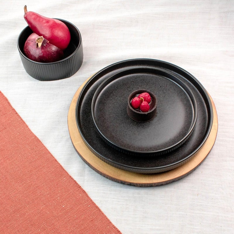 Sango Anderson Black 12Piece Stoneware Dinnerware Set  Service for 4 Modern Design with Textured Ridges Exquisite Reactive Glaze for Everyday Dining  Entertainment Microwave  Dishwasher Safe - Image 2