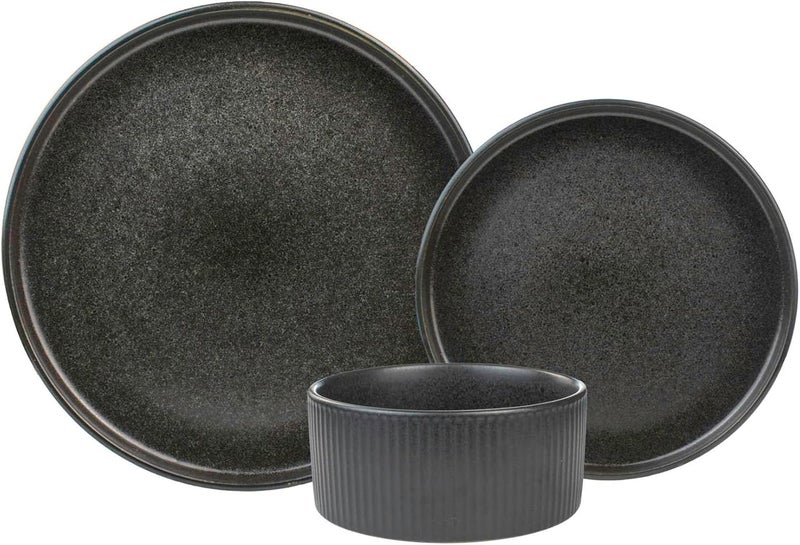 Sango Anderson Black 12Piece Stoneware Dinnerware Set  Service for 4 Modern Design with Textured Ridges Exquisite Reactive Glaze for Everyday Dining  Entertainment Microwave  Dishwasher Safe - Image 1